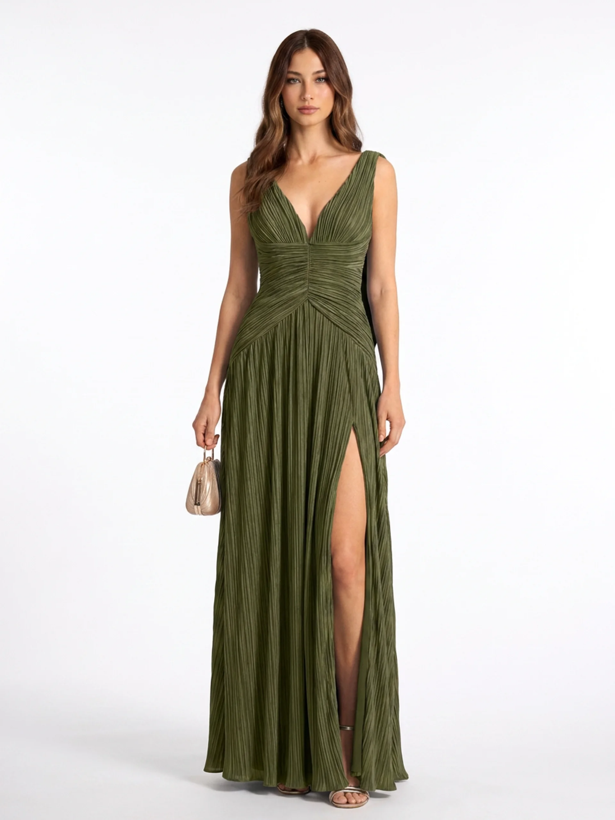 Yara pleated maxi dress with high slit in green — front view