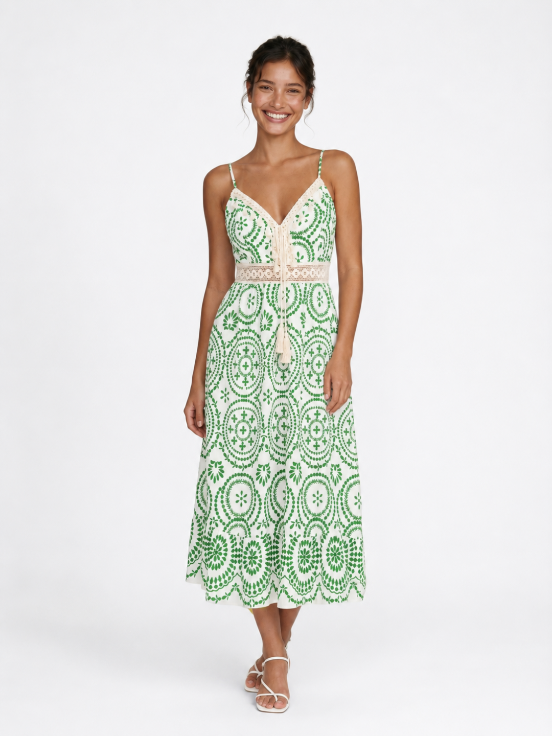 Jolie ornate print midi dress with tassel ties in Blue — detail view