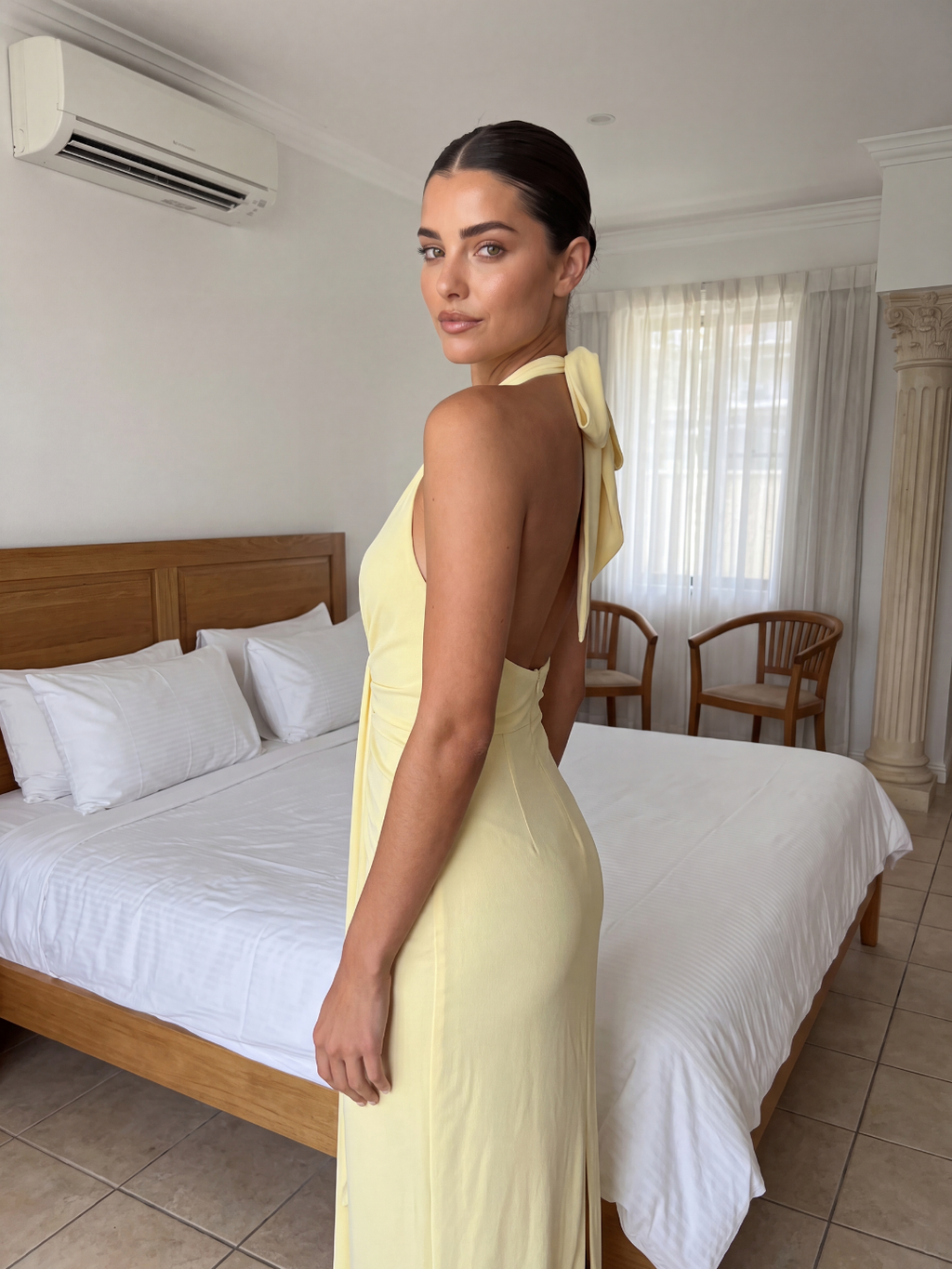 Lottie ruched halterneck maxi dress with cascading sash in yellow — full-length view