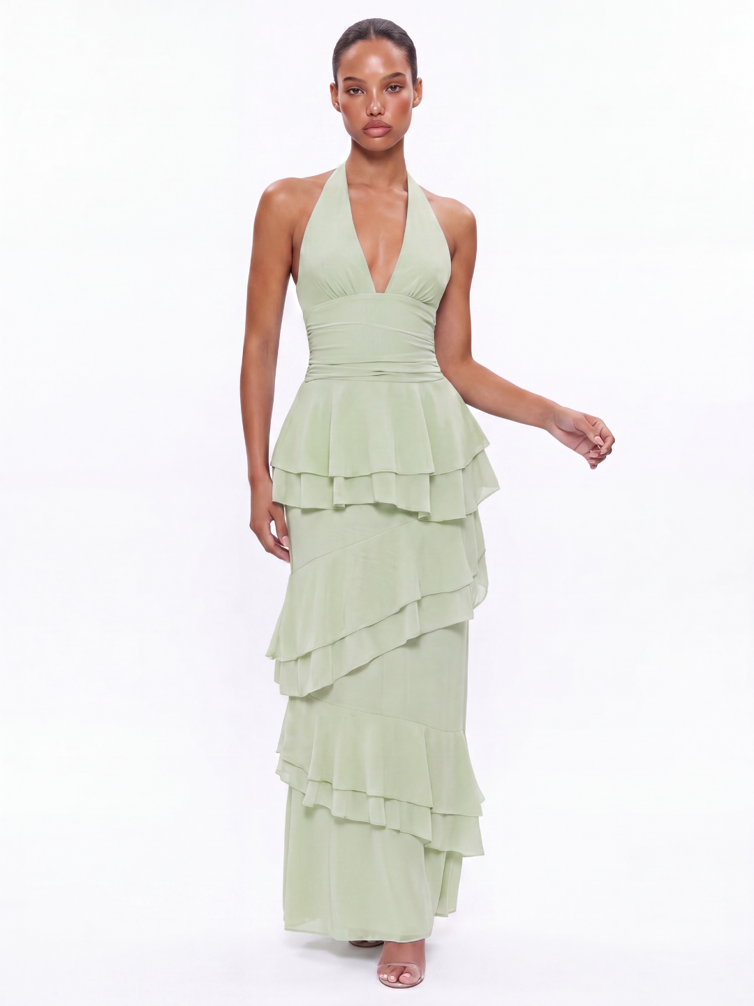 Rae halter tiered ruffle maxi dress in brown — front view