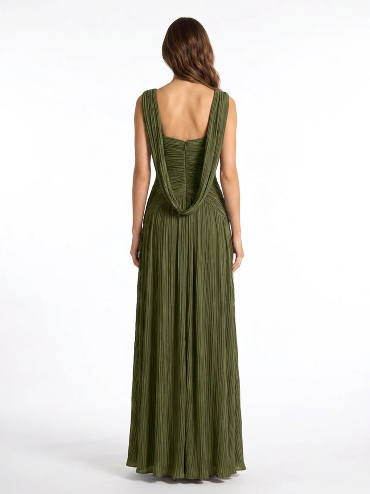 Yara pleated maxi dress with high slit in green — back view