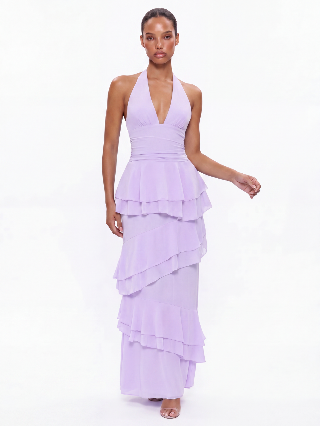 Rae halter tiered ruffle maxi dress in light purple — front view