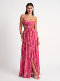 Freya cut-out ruffle maxi dress with rosette detail in Dark Pink — front view
