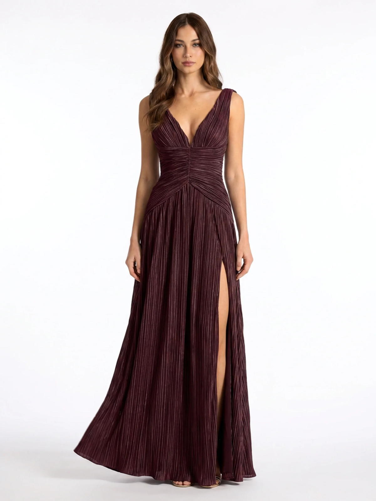 Yara pleated maxi dress with high slit in light blue — back view