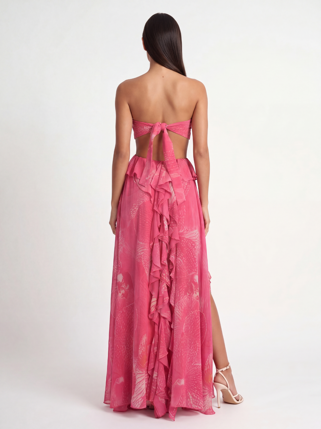 Freya cut-out ruffle maxi dress with rosette detail in Dark Pink — back view