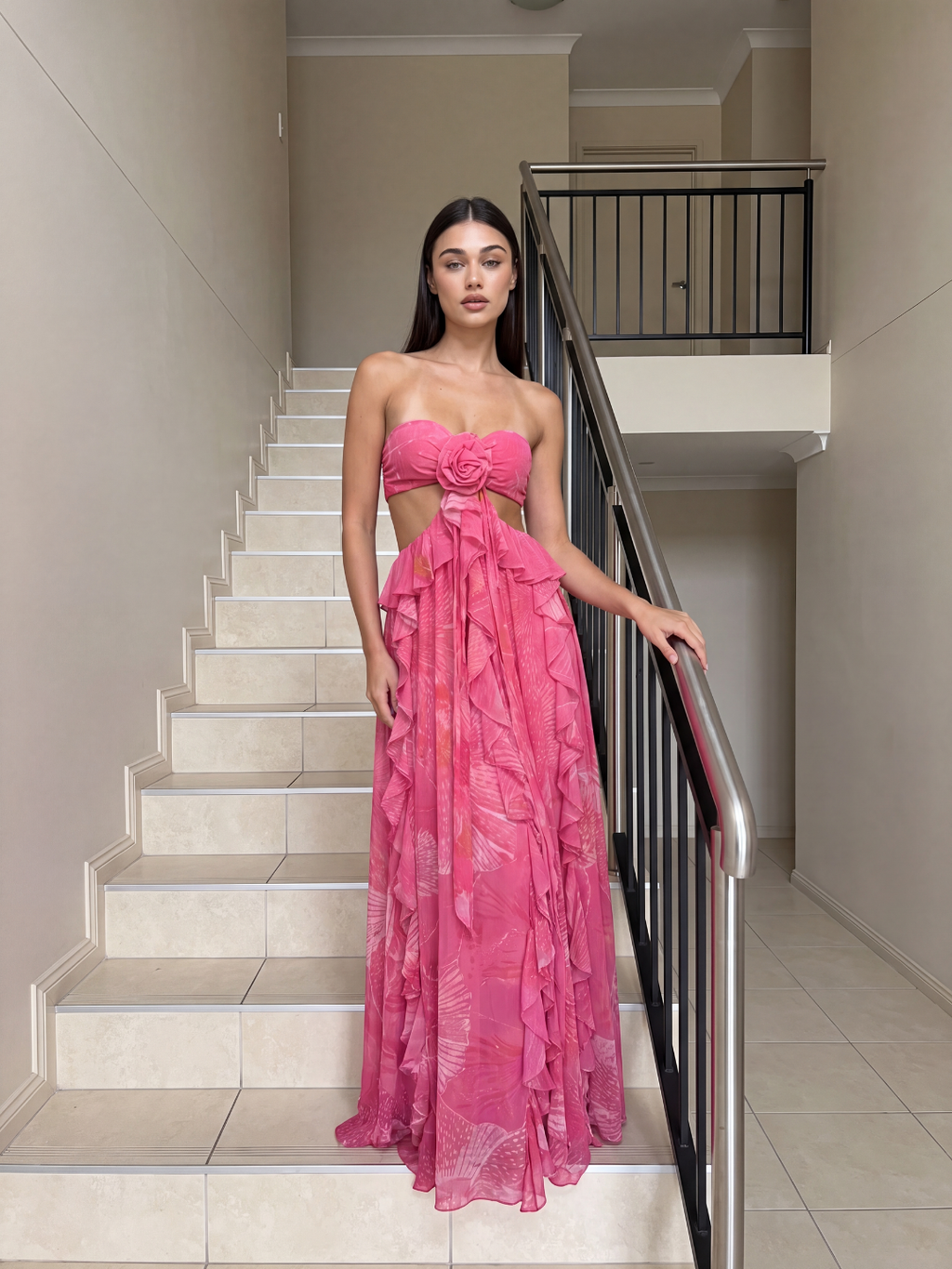 Freya cut-out ruffle maxi dress with rosette detail in Dark Pink — side view