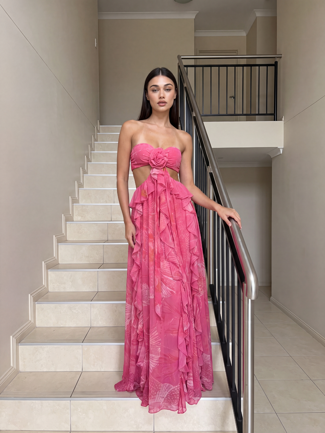 Freya cut-out ruffle maxi dress with rosette detail in Dark Pink — side view