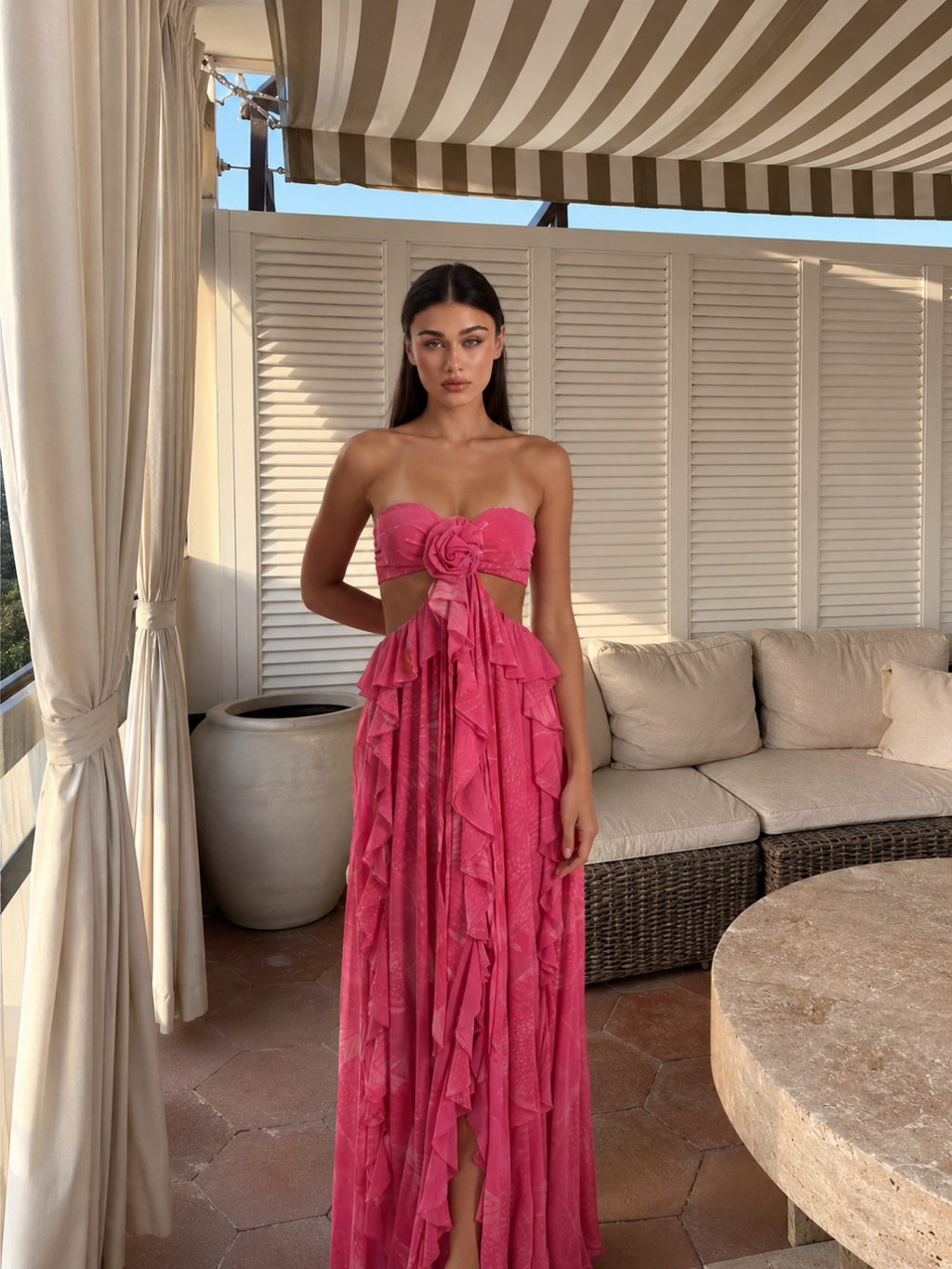 Freya cut-out ruffle maxi dress with rosette detail in Dark Pink — full-length view