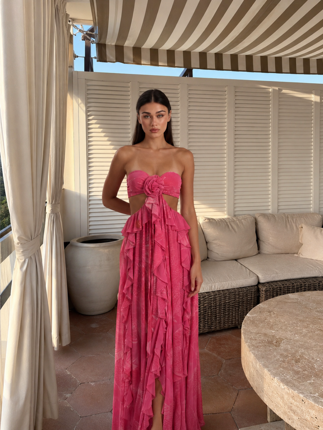 Freya cut-out ruffle maxi dress with rosette detail in Dark Pink — full-length view