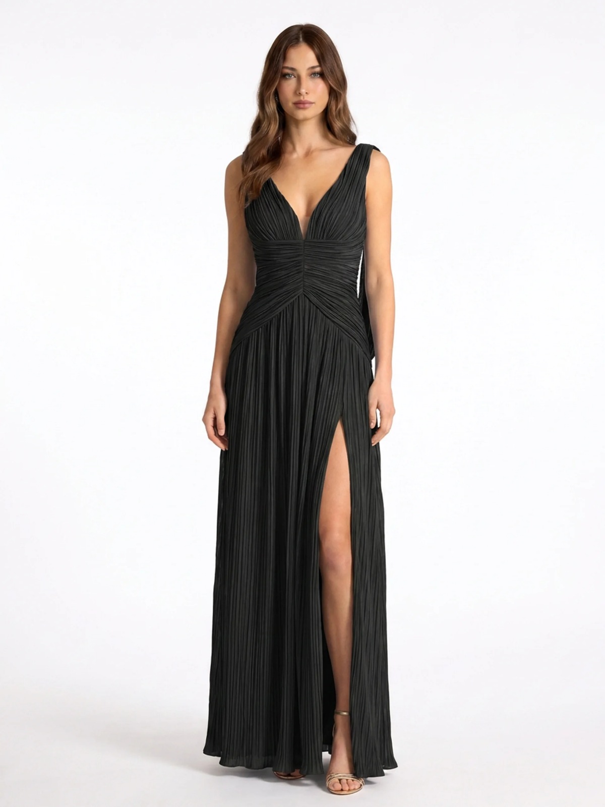 Yara pleated maxi dress with high slit in black — front view