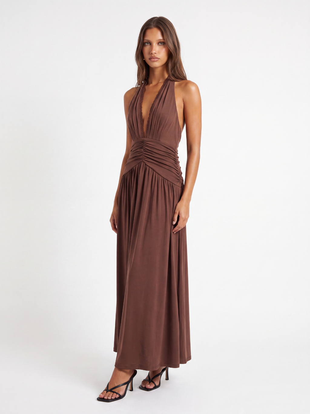 Jemima halterneck ruched maxi dress with plunge neckline in brown — front view