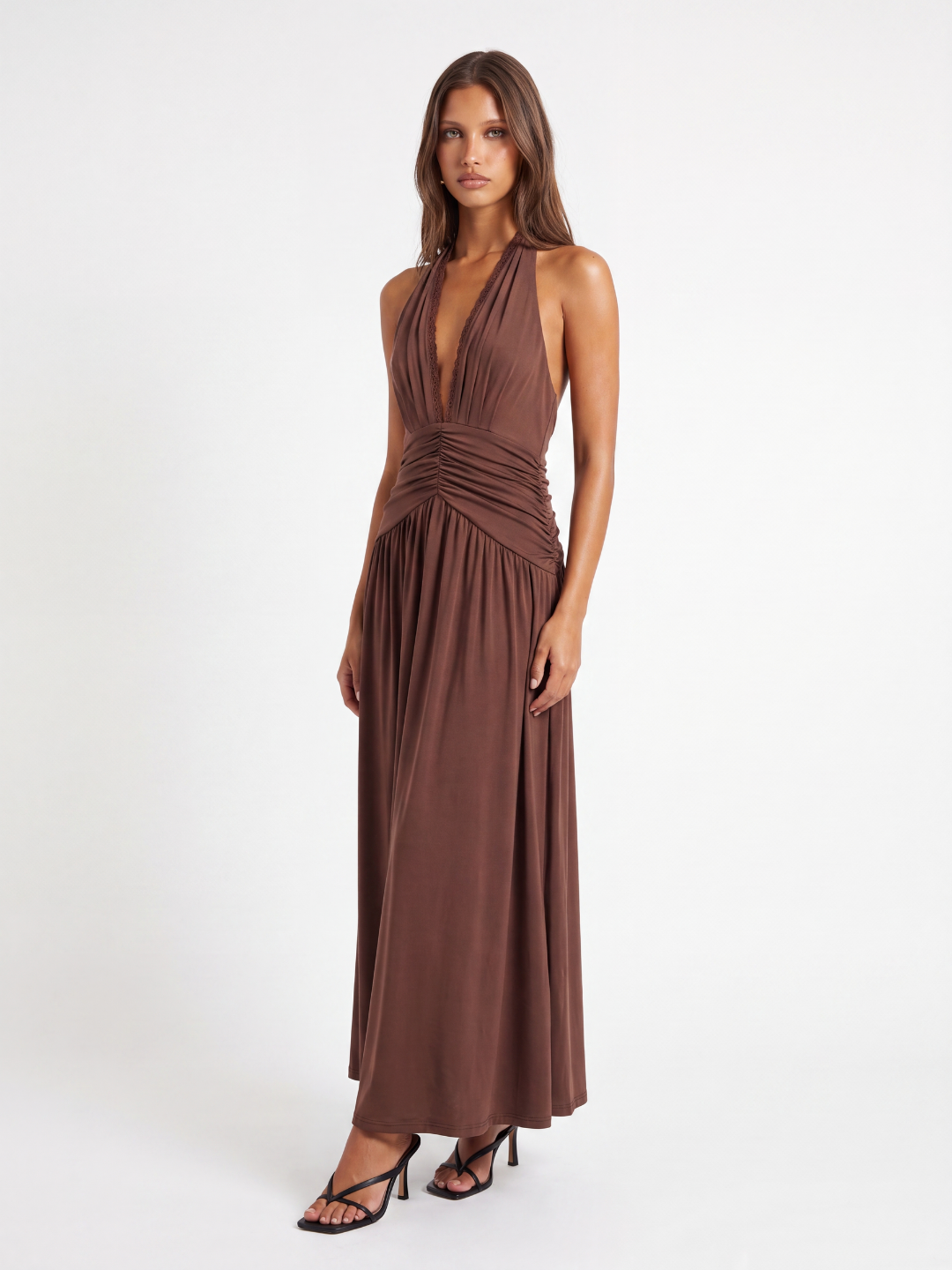 Jemima halterneck ruched maxi dress with plunge neckline in brown — front view