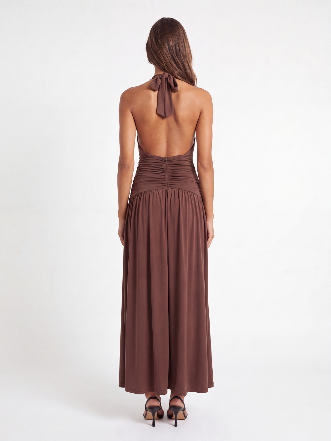 Jemima halterneck ruched maxi dress with plunge neckline in brown — back view