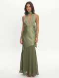 Sula plunge halterneck backless satin maxi gown in olive green — front view