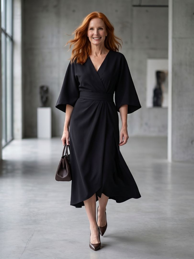 Beryl balloon-sleeve sculpted-waist wrap midi dress — full-length view