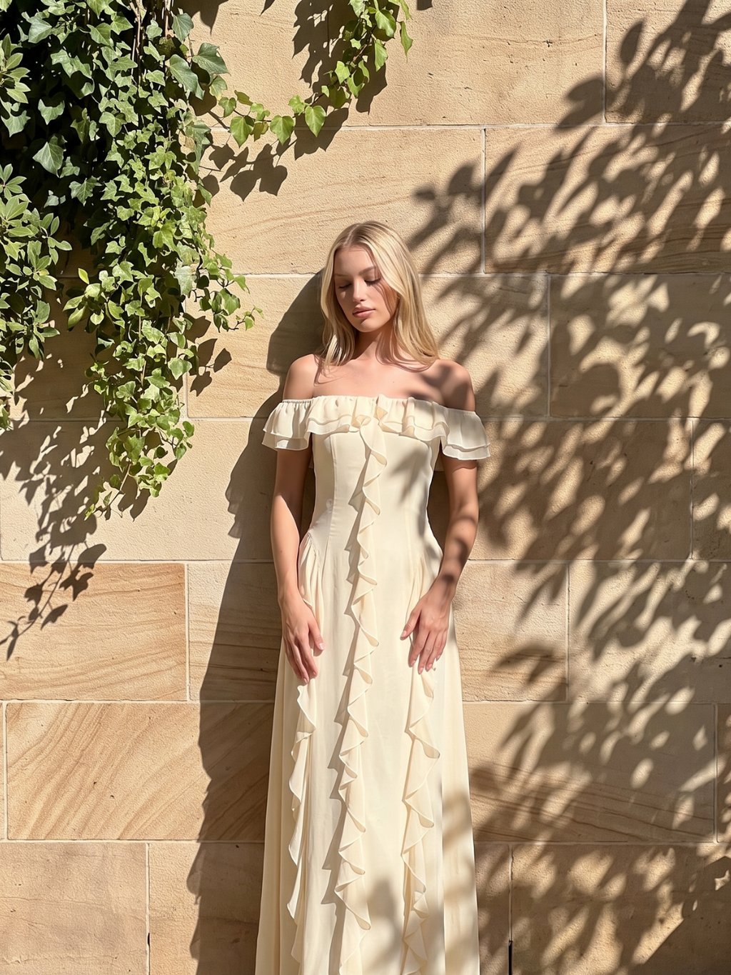 Orla off-shoulder ruffle-trim maxi dress in light yellow — detail view