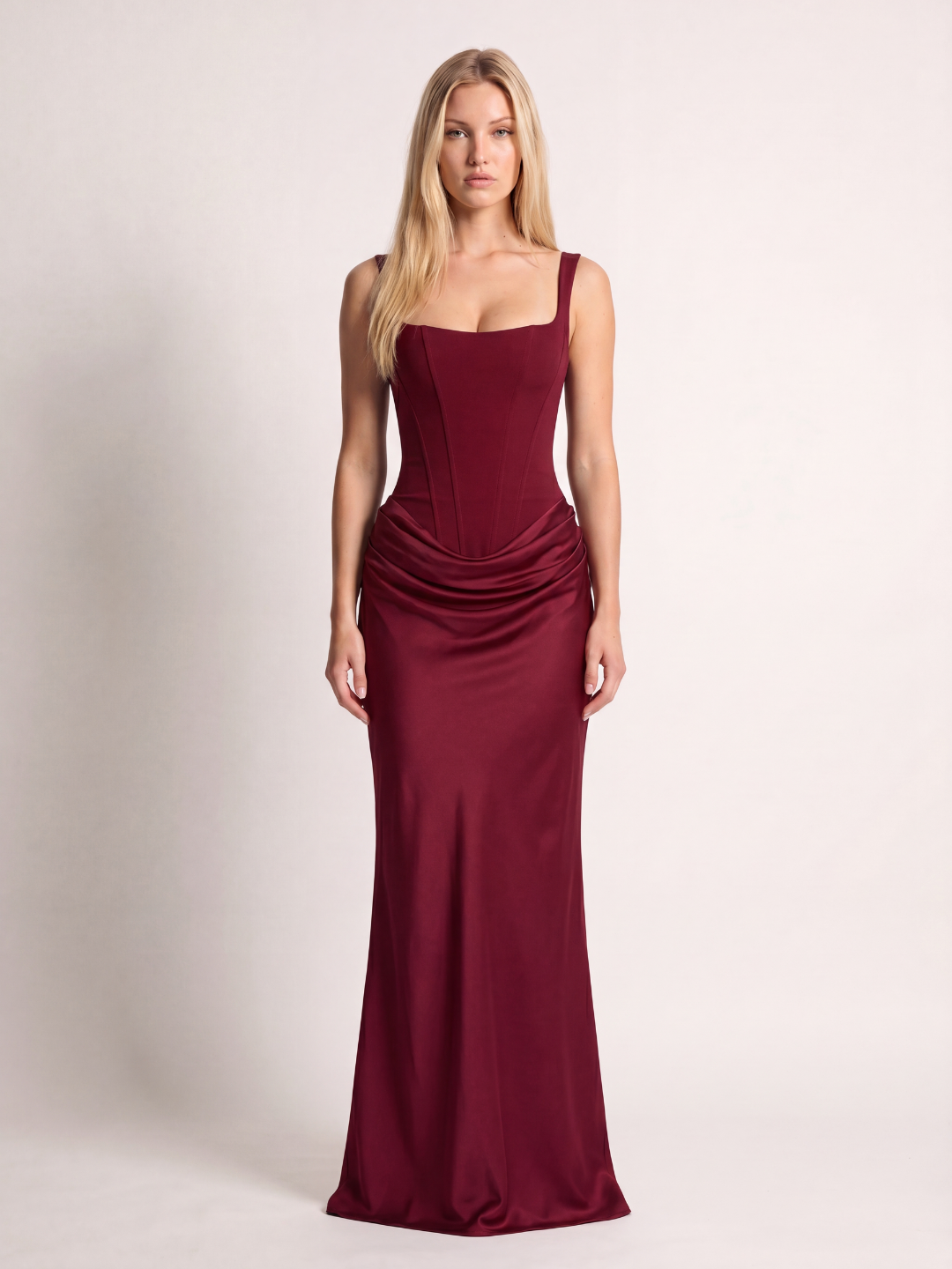 Cleo square-neck corset draped maxi dress — detail view