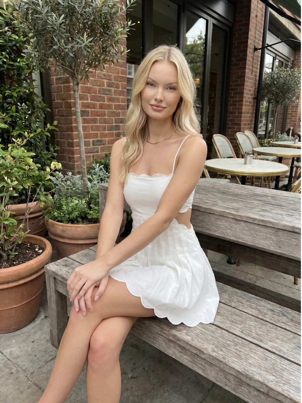 Mabelle scalloped cutout pleated mini dress in white — detail view