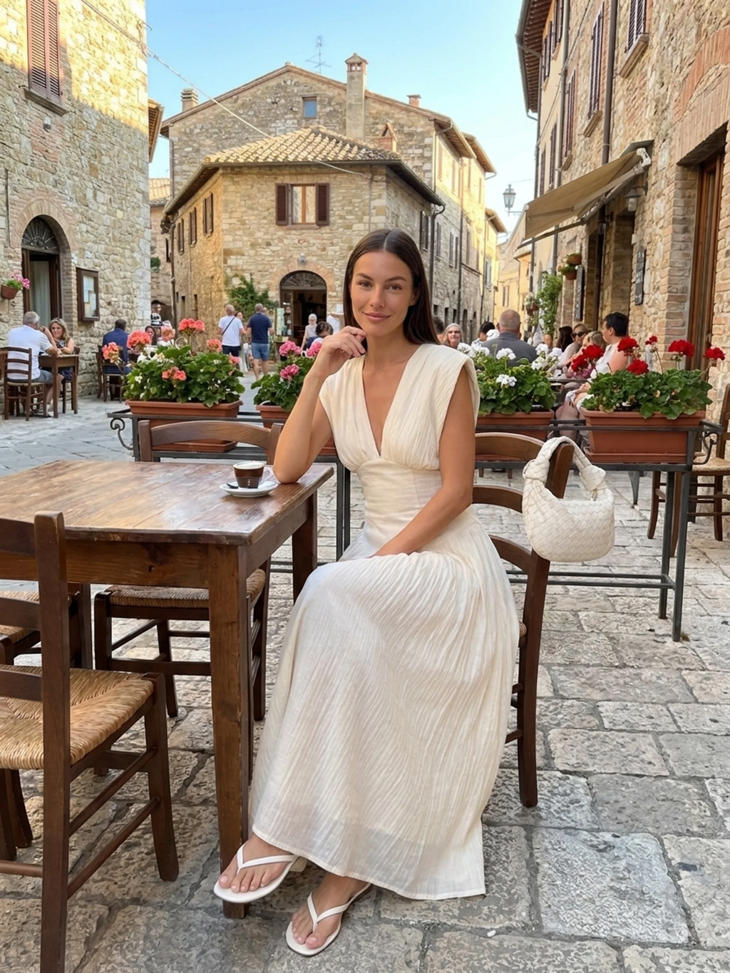 Hazel V-neck ruched maxi dress with asymmetric waist in white — detail view