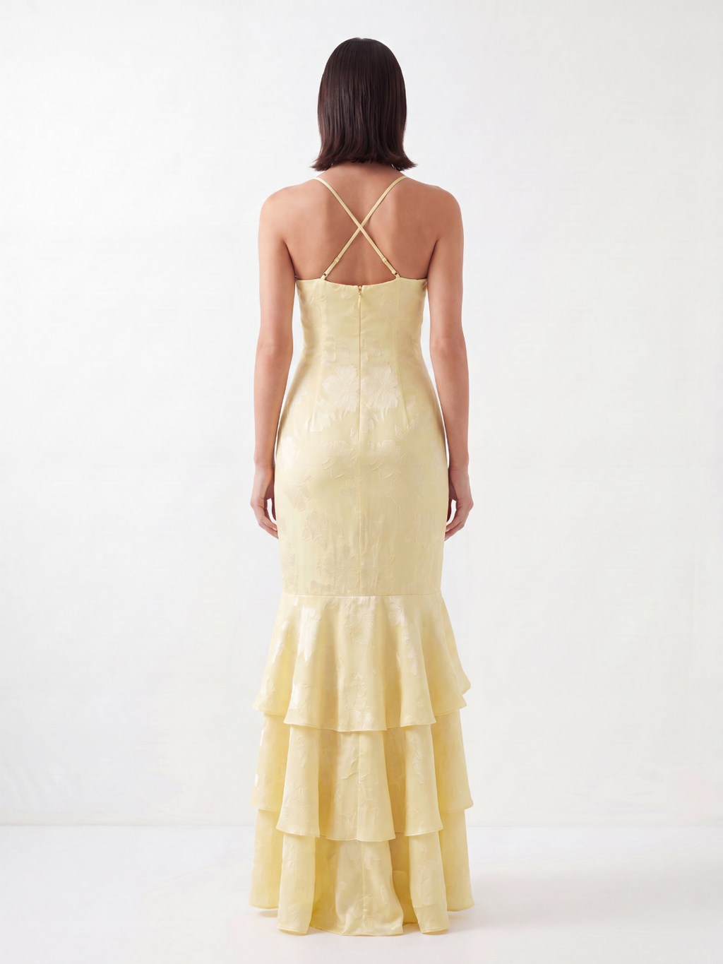 Aria burnout mermaid maxi dress with tiered ruffles in yellow — back view