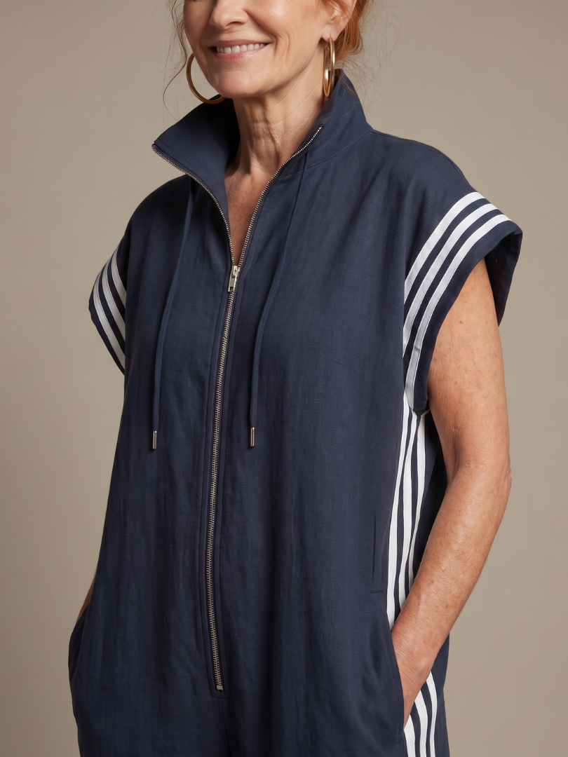 Linnet contrast-stripe zip-front utility jumpsuit — styled view