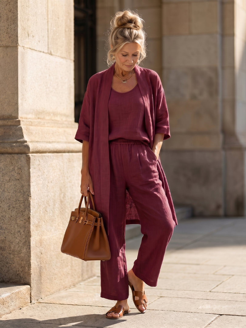 Yael duster, shell top and wide-leg trouser three-piece set — side view
