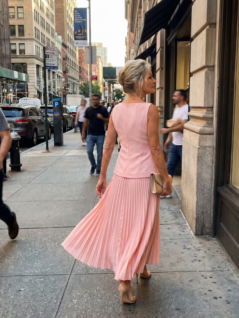 Rhodes boat-neck shell top and pleated maxi skirt two-piece set — back view