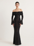 Frankie off-shoulder lace maxi dress with godet skirt in black — front view