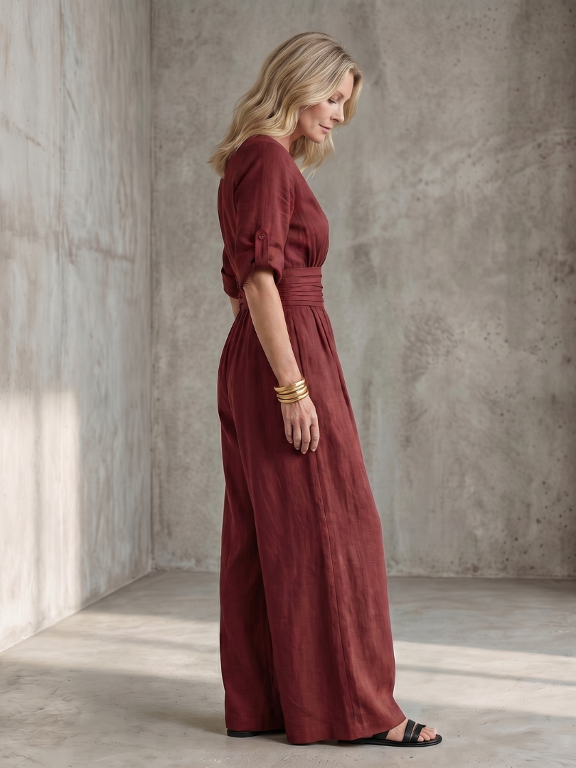 Wanda crossover wide-leg palazzo jumpsuit — side view