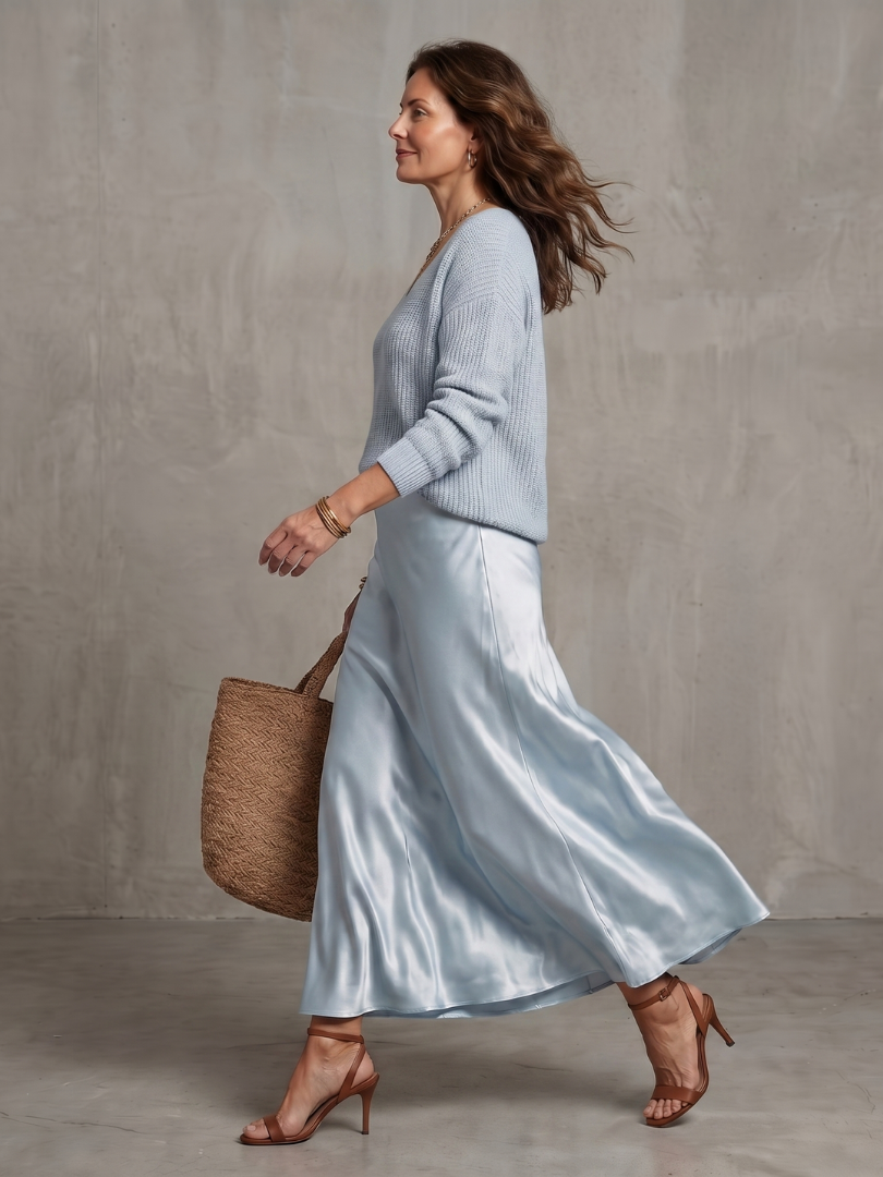 Luciana ribbed knit sweater and bias slip skirt two-piece set — detail view