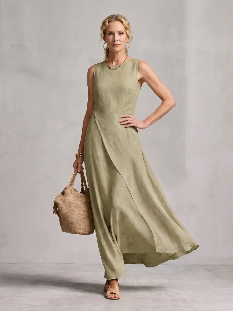 Hyacinth asymmetric wrap-panel high-neck maxi dress — back view