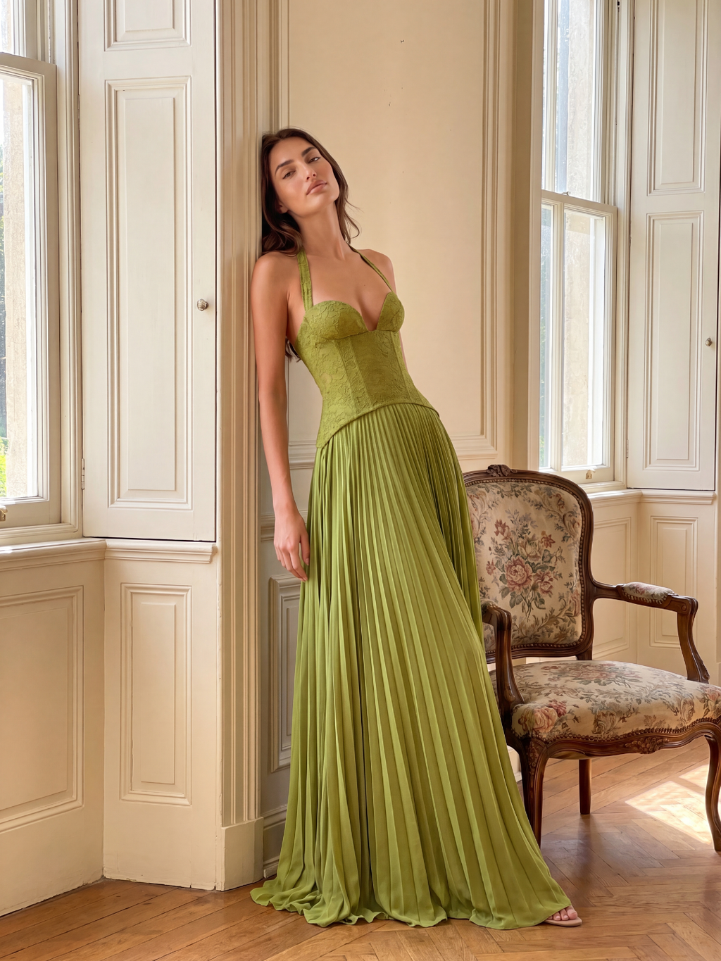 Vada lace corset halterneck pleated maxi dress in green — full-length view