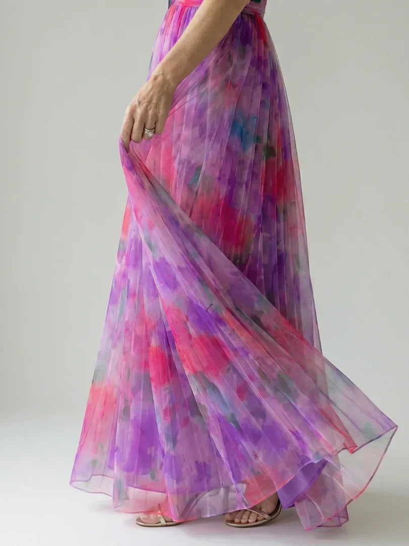 Isel watercolour floral ruched wrap maxi dress — detail view