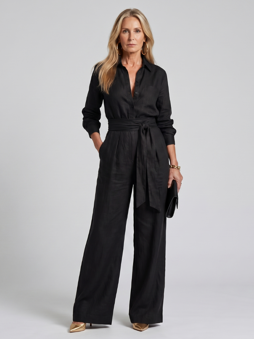 Jovie collared button-front wide-leg jumpsuit — side view