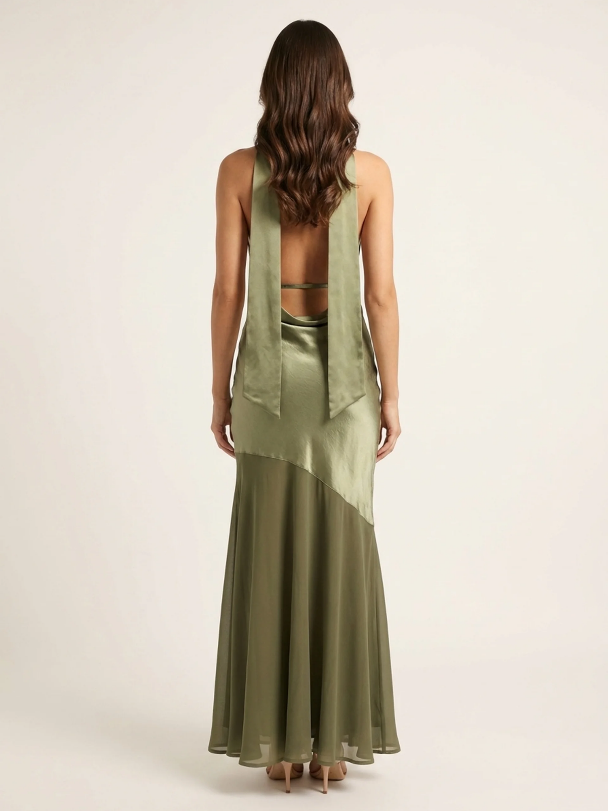 Sula plunge halterneck backless satin maxi gown in olive green — back view