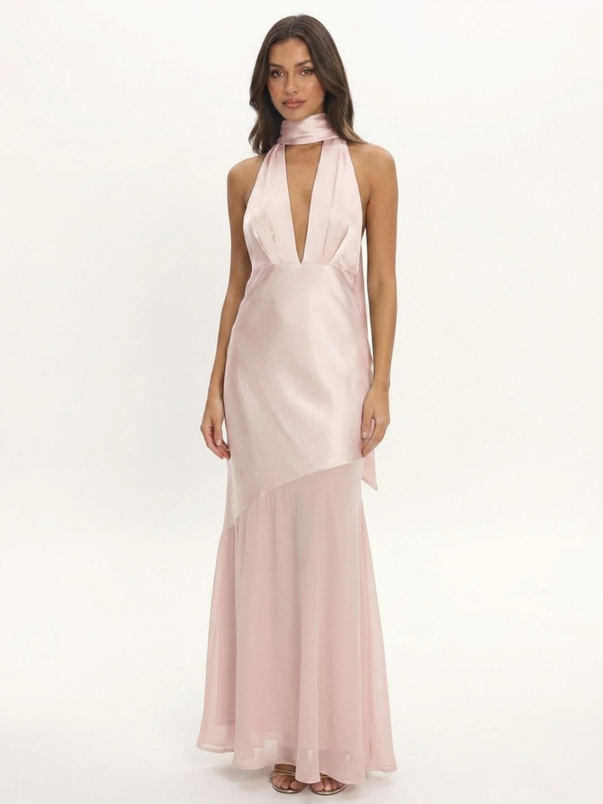 Sula plunge halterneck backless satin maxi gown in pink — detail view