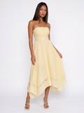 Talia strapless asymmetric midi dress with lace trim in yellow — front view