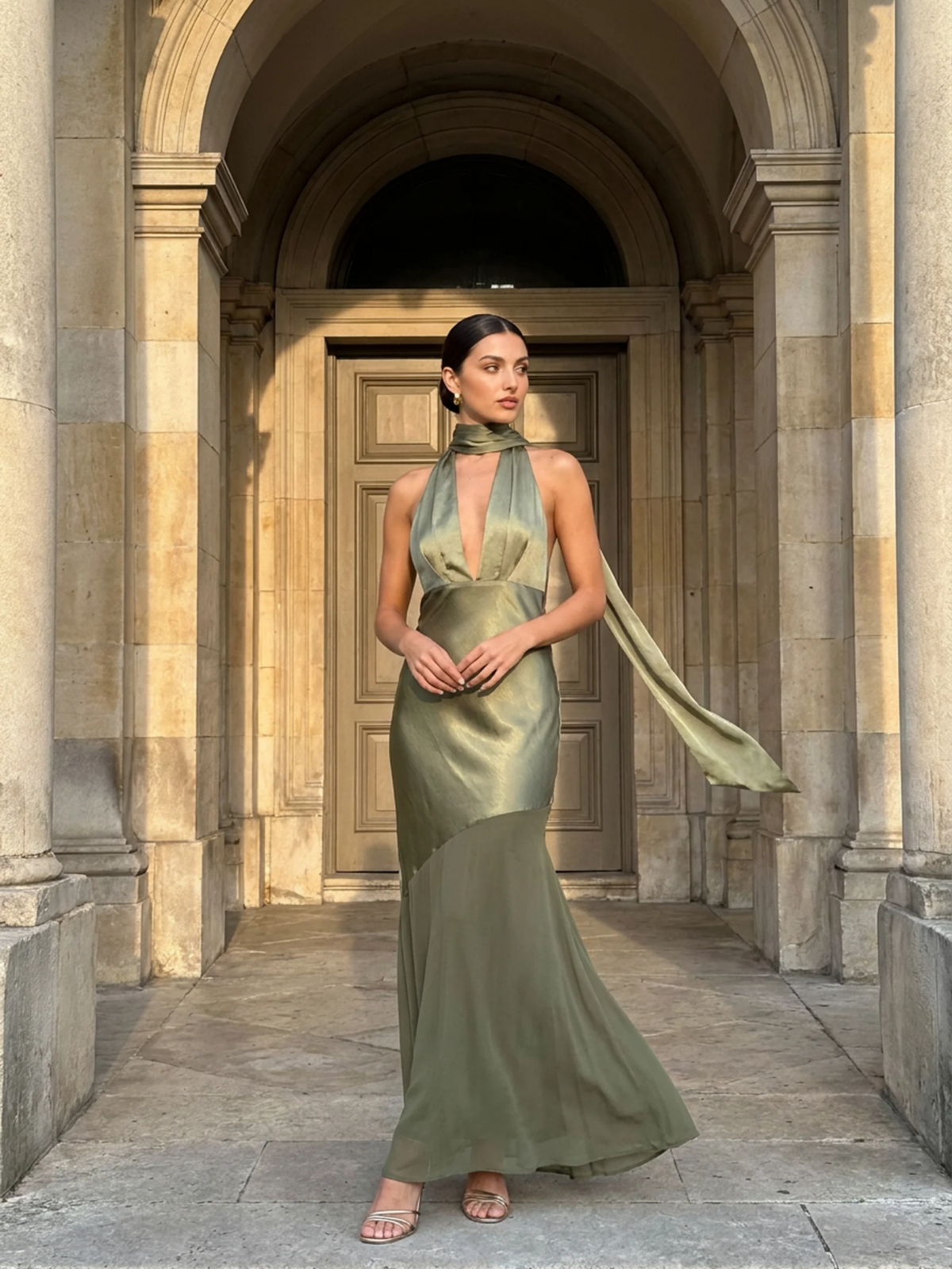 Sula plunge halterneck backless satin maxi gown in olive green — detail view