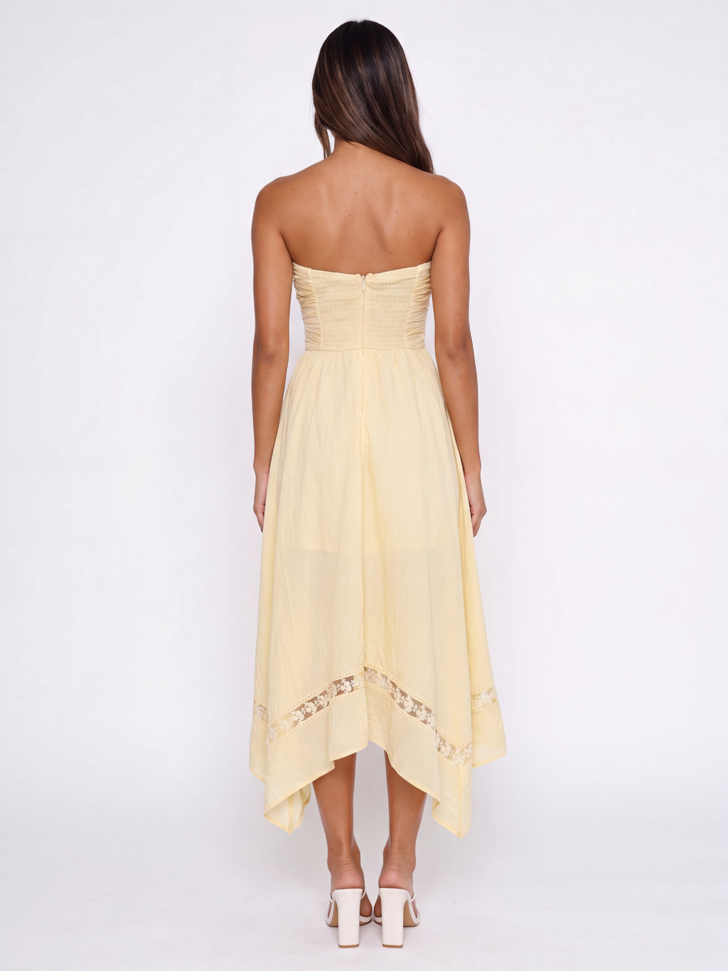 Talia strapless asymmetric midi dress with lace trim in yellow — detail view