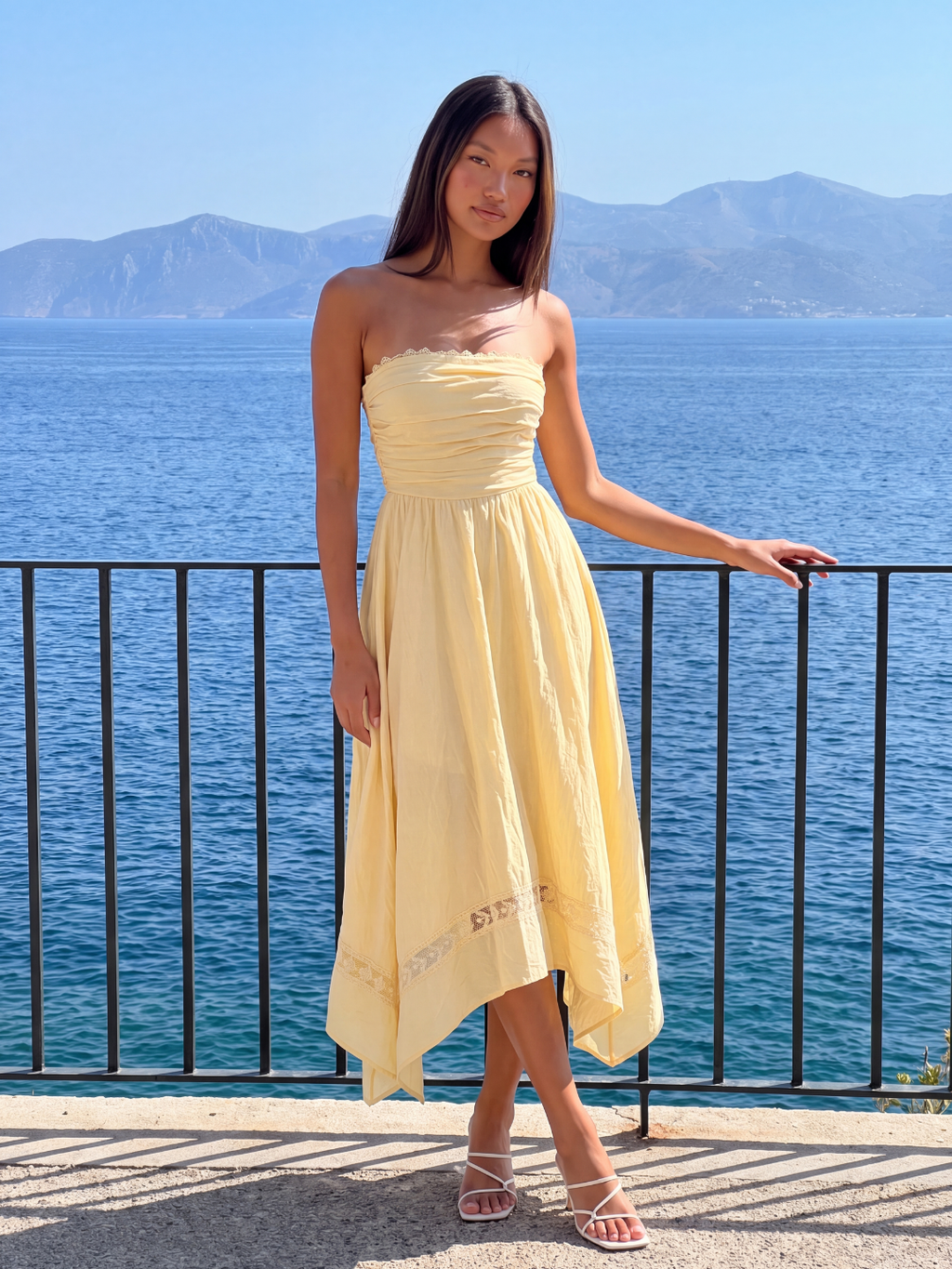 Talia strapless asymmetric midi dress with lace trim in blue — back view