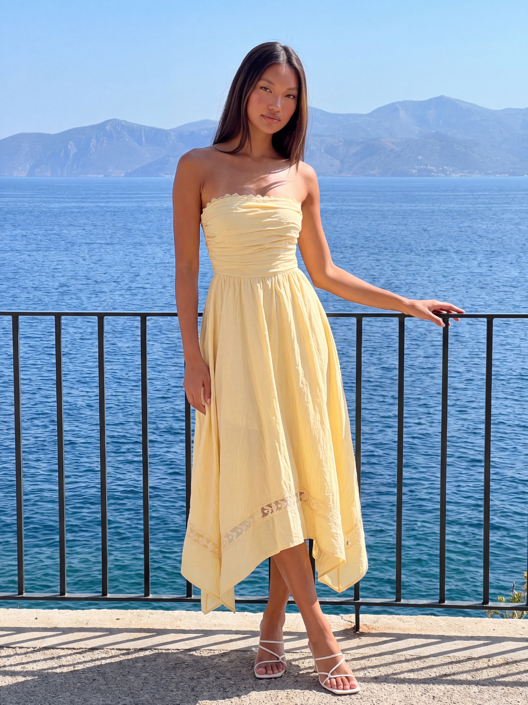 Talia strapless asymmetric midi dress with lace trim in blue — back view