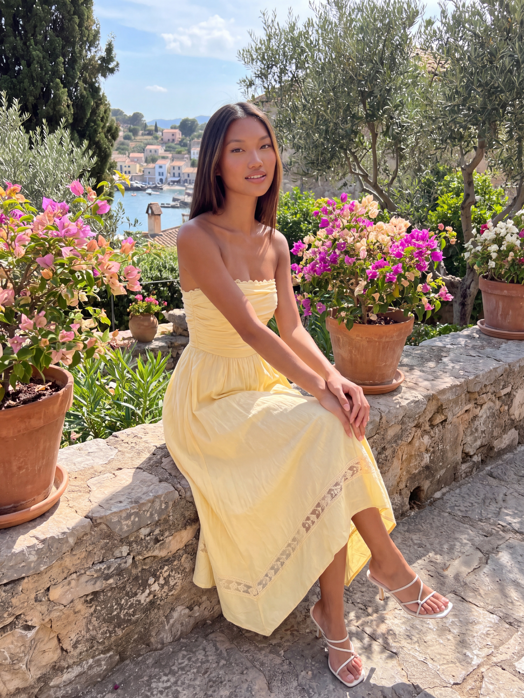 Talia strapless asymmetric midi dress with lace trim in yellow — back view