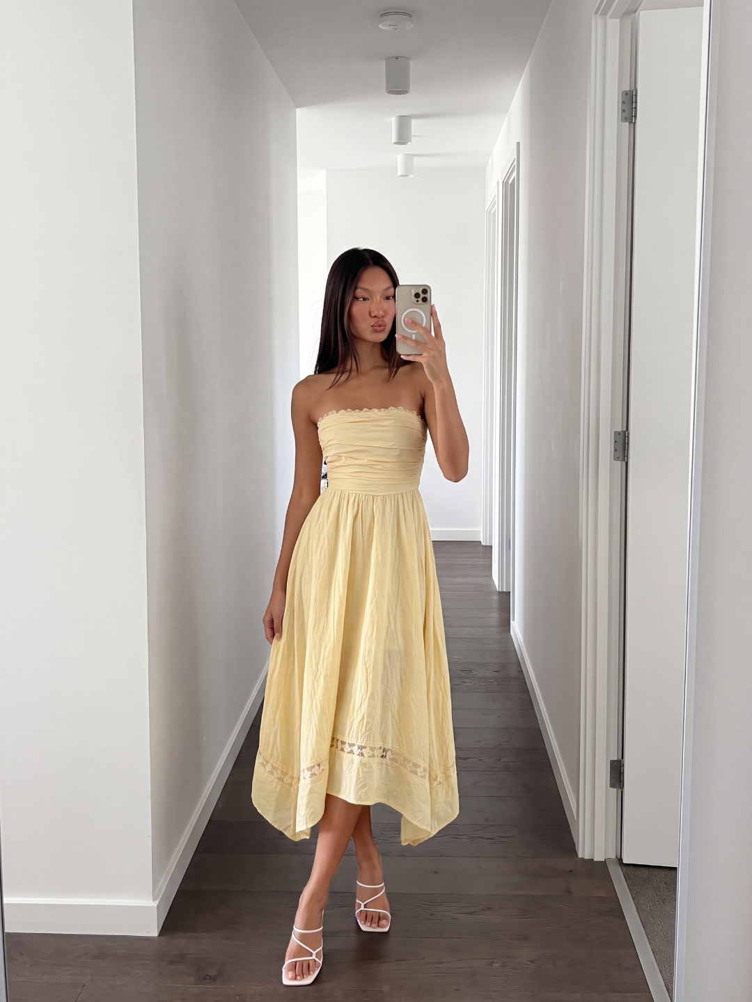 Talia strapless asymmetric midi dress with lace trim in blue — front view