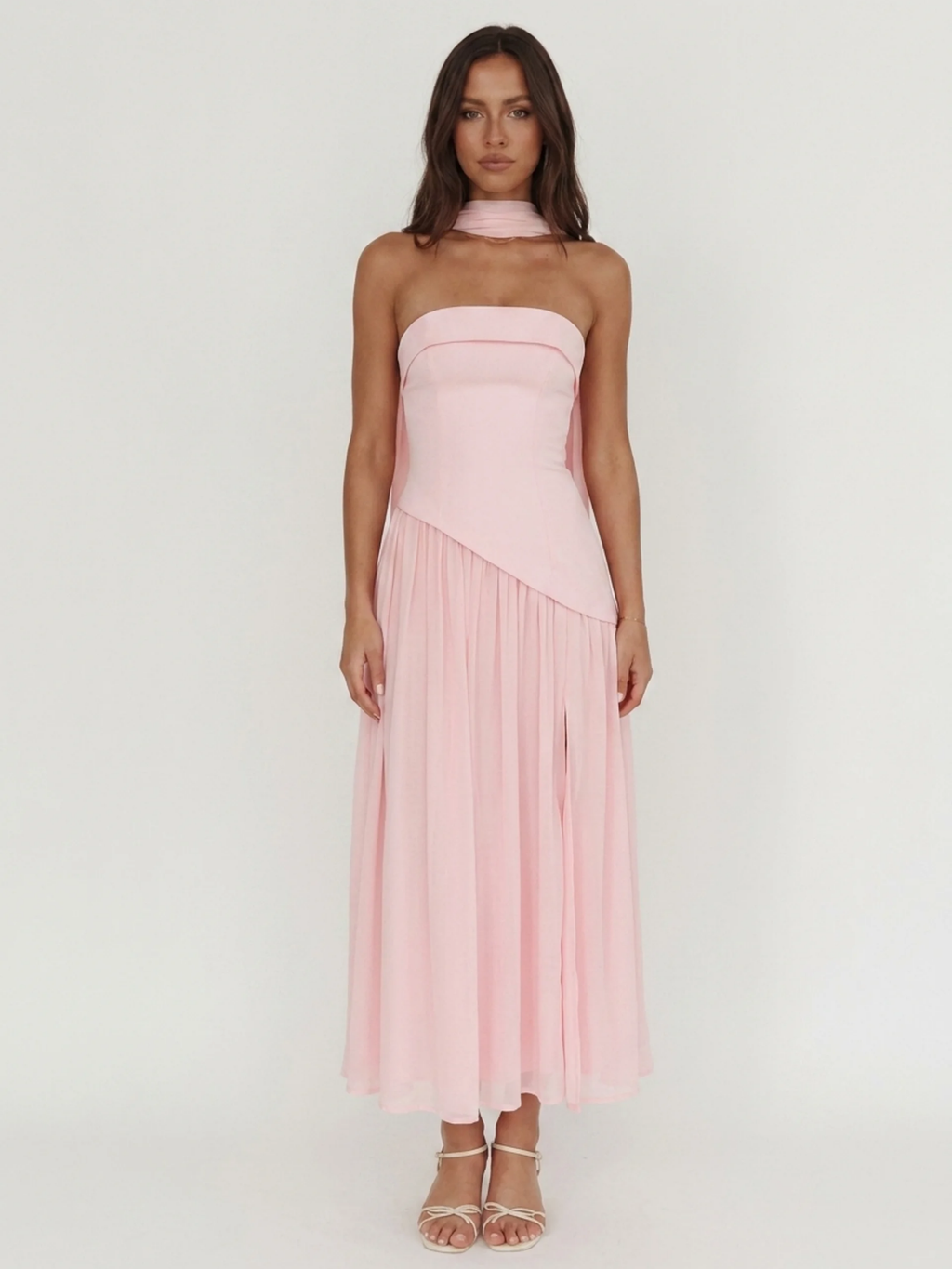 Pippa strapless asymmetric waist drop-skirt maxi dress in pink — front view