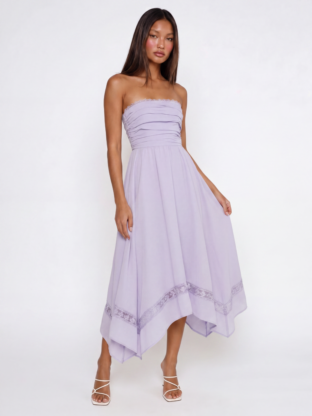 Talia strapless asymmetric midi dress with lace trim in light purple — front view