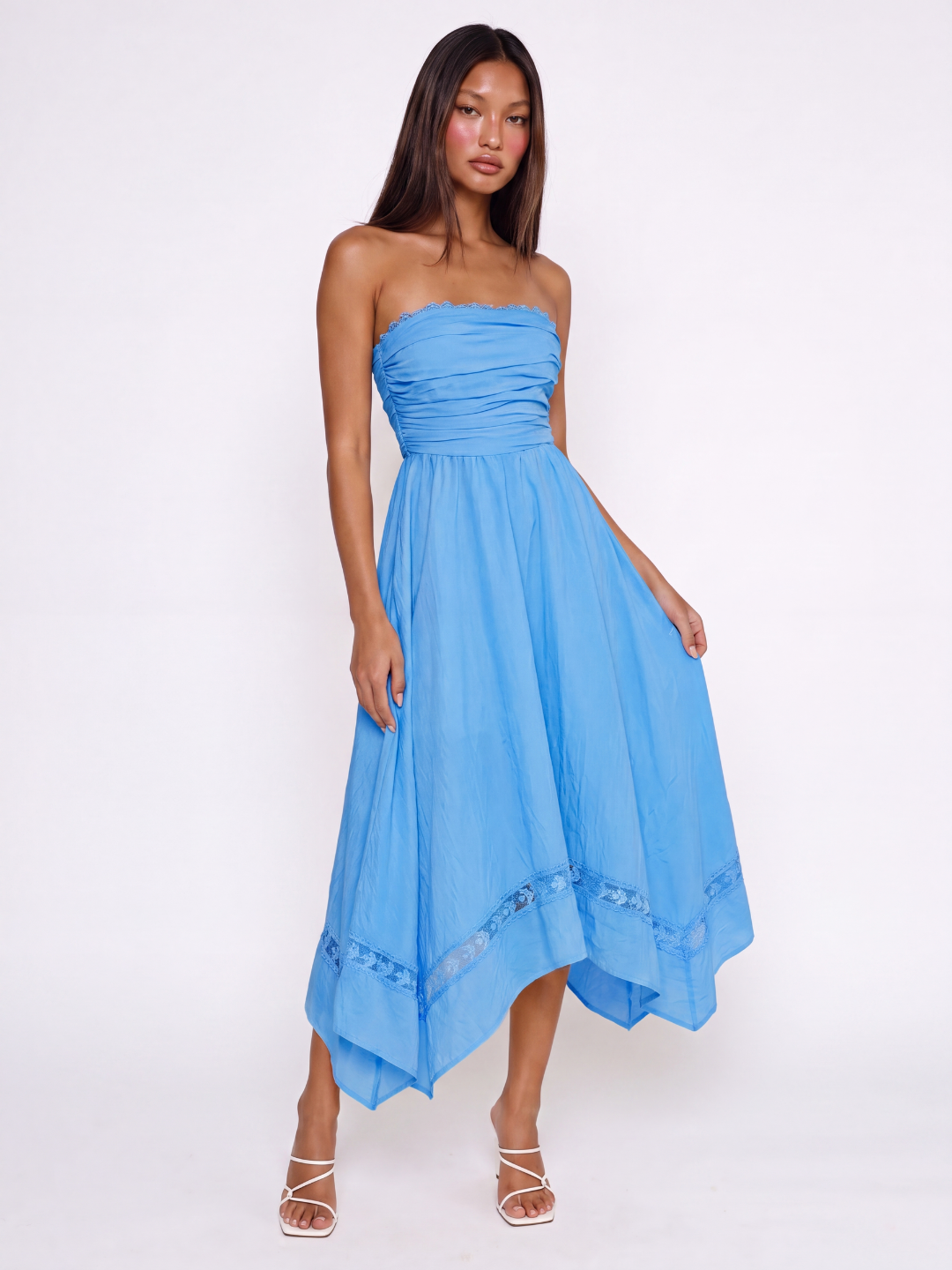 Talia strapless asymmetric midi dress with lace trim in light purple — back view