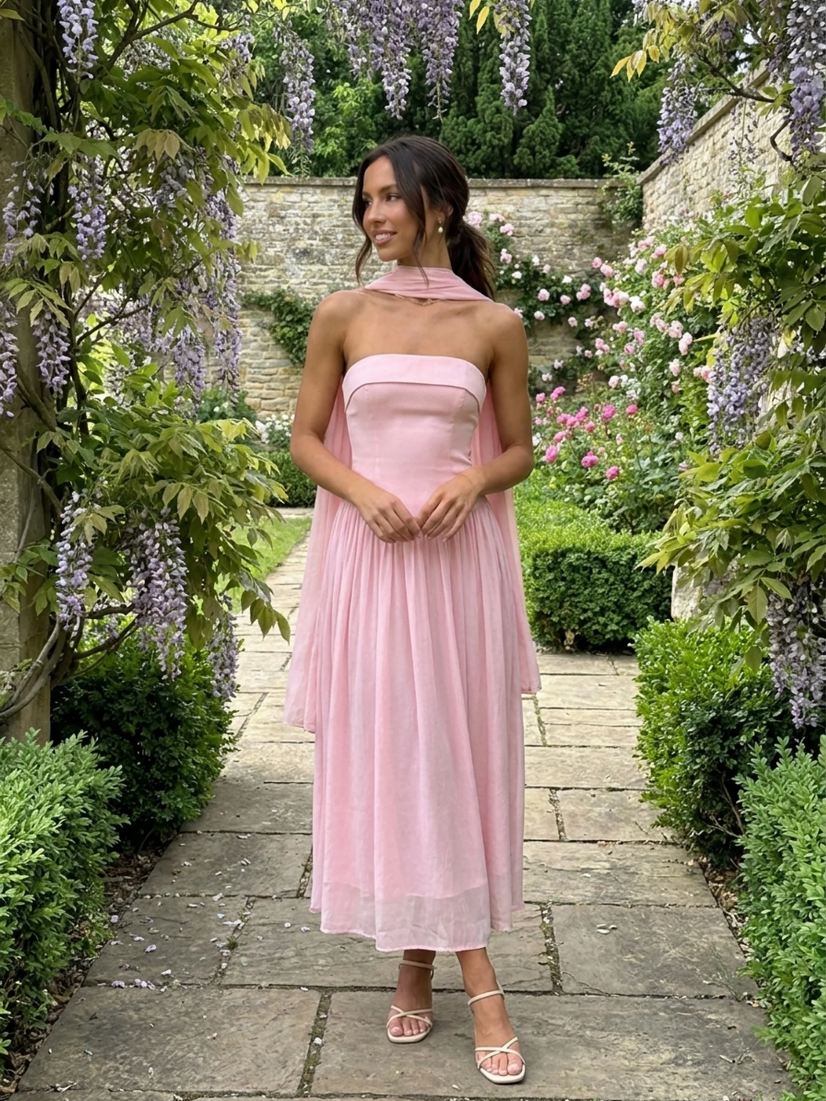 Pippa strapless asymmetric waist drop-skirt maxi dress in pink — detail view