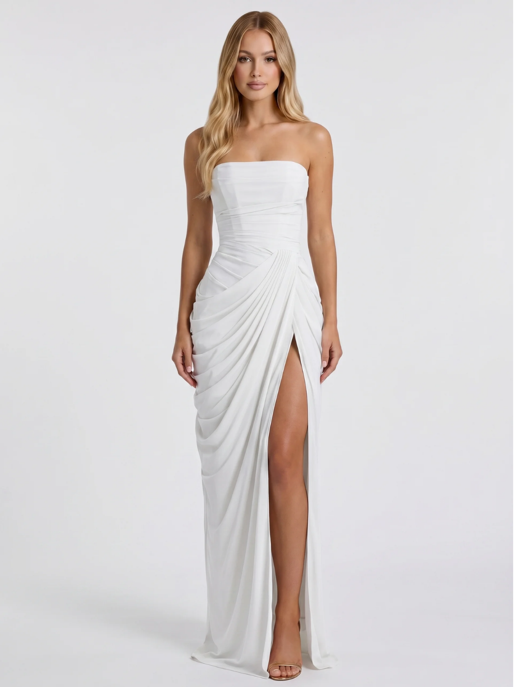 Vivi strapless ruched maxi dress with draped skirt in Yellow — detail view