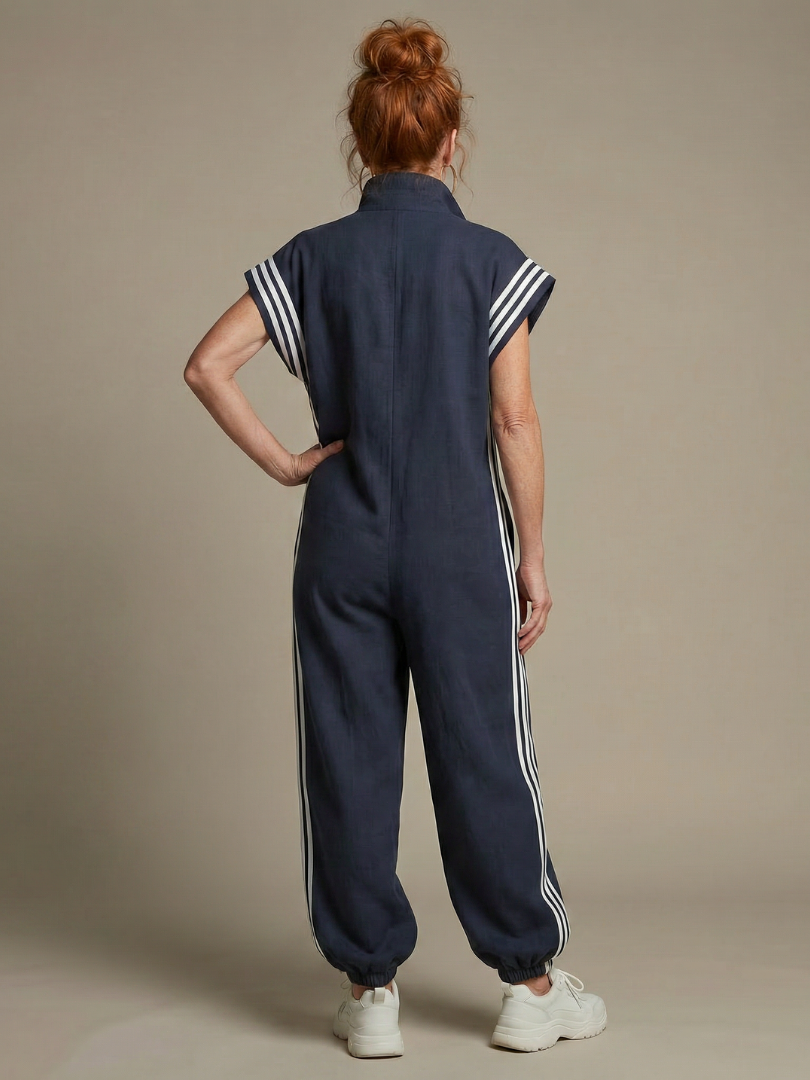 Linnet contrast-stripe zip-front utility jumpsuit — full-length view