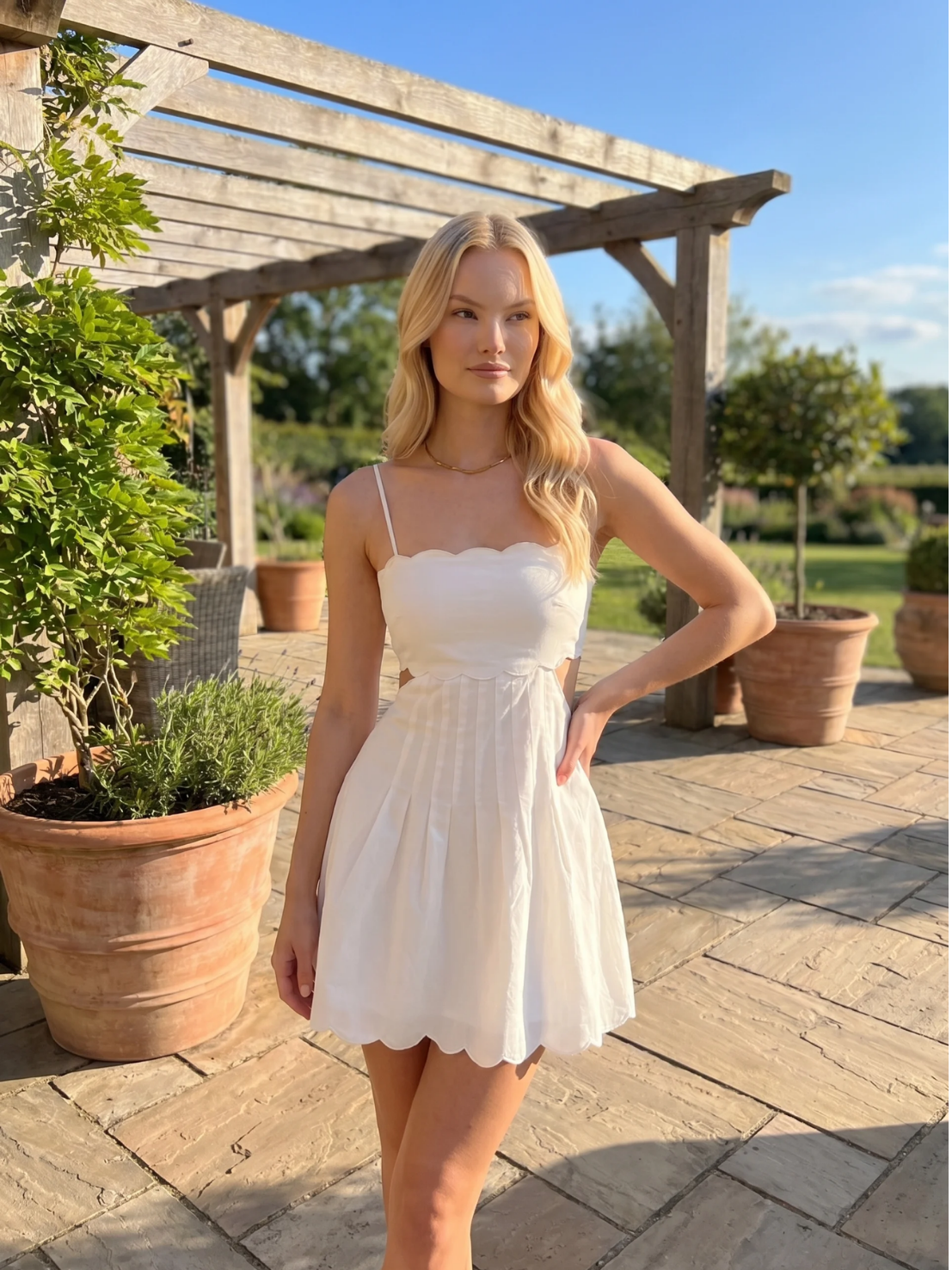 Mabelle scalloped cutout pleated mini dress in white — full-length view